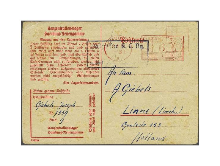 Concentration Camp Neuengamme, pre-printed postcard Konzentrationslager Hamburg-Neuengamme Hamburg 3.9.43 (red franking 6 Pf.