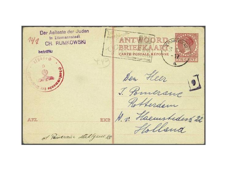 Litzmannstadt Ghetto, 2 Dutch reply cards 7½ cent (type Veth and cihet with overprint) to Rotterdam, from October 31, 1940 an