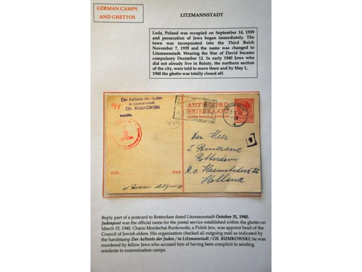 Litzmannstadt Ghetto, 2 Dutch reply cards 7½ cent (type Veth and cihet with overprint) to Rotterdam, from October 31, 1940 an