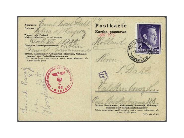 Ghetto Izbica (Lublin, Poland) postcard with 12 Pf. Generalgouvernement Krasnystaw b (distr Lublin) 8.IV.42 to Holland Valcke