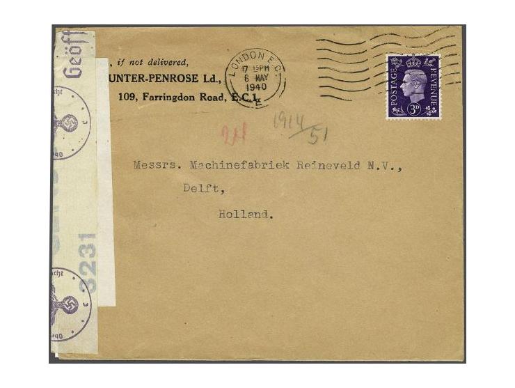 Card and letter from England 6 May 1940 to Amsterdam and Delft, card with written Ontvangen 22/8 (received 22/8) letter witho