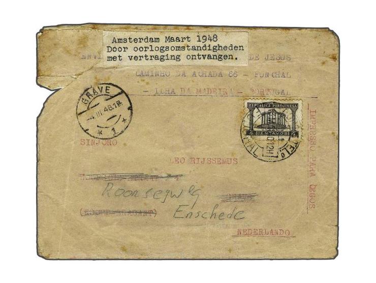 Portugal 4 centavos on impresso par cegos (braille printed matter) from Funchal Madeira 13 May 1940 to Grave Netherlands, con