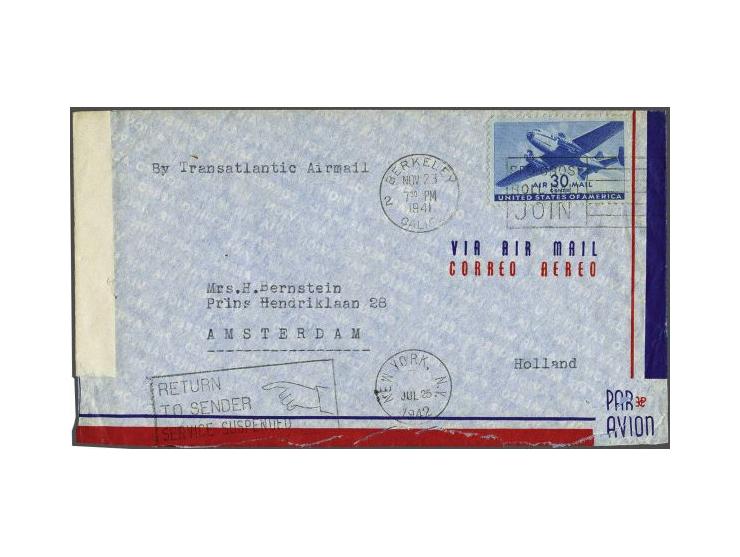 USA 2 letters to the Netherlands, by air mail Berkeley nov 23 1942 to Amsterdam, with framed cancel return/ to sender/ servic