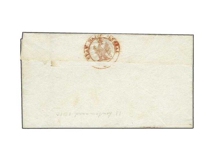 Franse Post, portvrijdom Le Général Chef de/ l'Etat Major Général in rood op omslag, gedateerd 13 Lentem. 1810 (maart) naar B