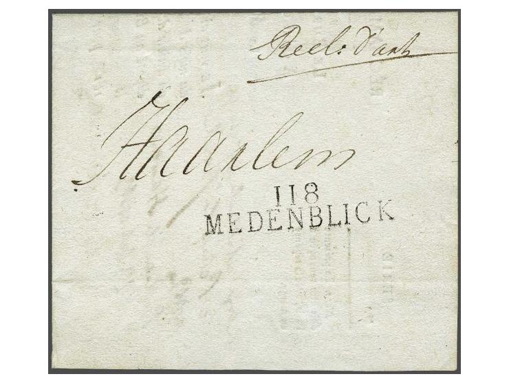 118 MEDENBLICK in zwart, pracht afdruk op drukwerk (reclamering geldbedrag) 23-10-1813 aan het postkantoor te Haarlem, fris p