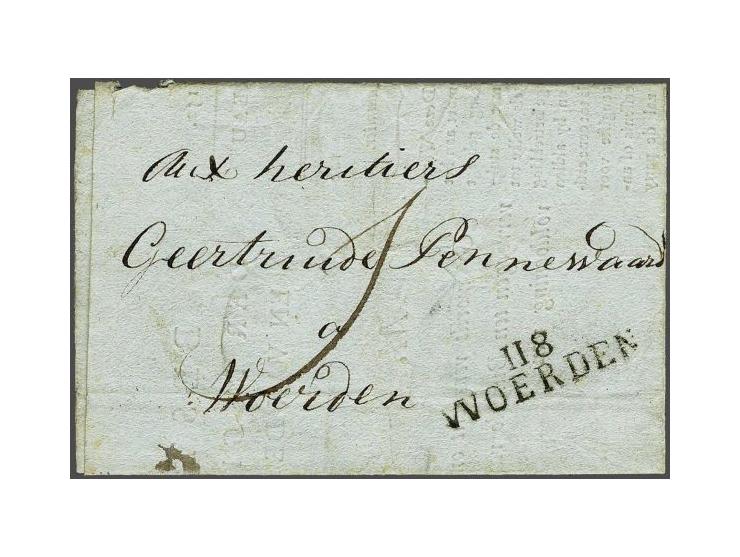 118 WOERDEN in zwart, pracht afdruk op lokaal verstuurd drukwerk (waarschuwing) op 22-1-1813, 1 déc port (zeldzaam gebruik va