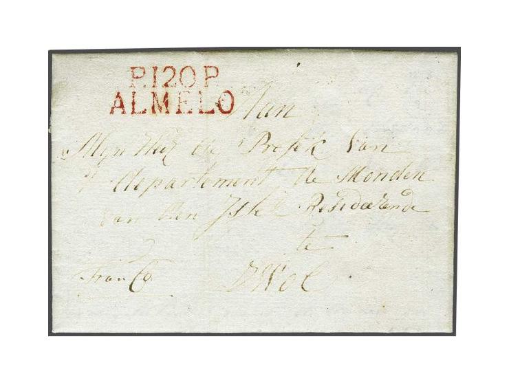 P.120.P. ALMELO in rood, pracht afdruk op brief 12-5-1813 naar Zwolle, 3 déc vooruitbetaald port, fris pracht ex. met keur Po