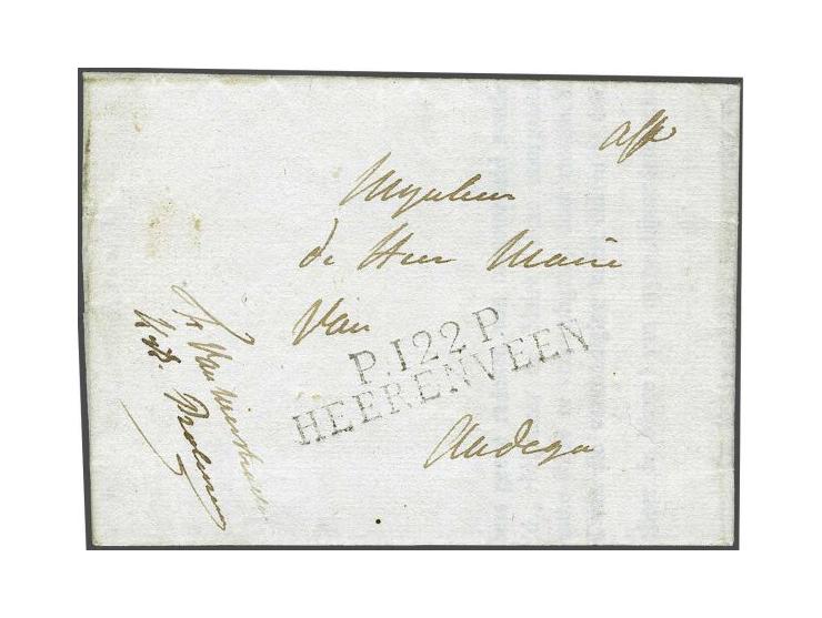 P.122.P. HEERENVEEN in zwart, pracht afdruk op gedrukte brief 14-8-1812 naar Oudega, vooruitbetaald port op rekening (affranc