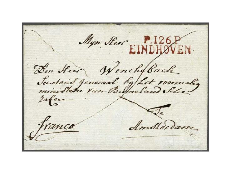 P.126.P. EINDHOVEN in rood, pracht afdruk op brief 17-7-1811 naar Amsterdam, 5 déc vooruitbetaald port, fris pracht ex. met k