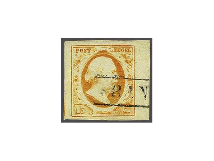 15 cent oranje met velrand en deel buurzegel, pracht ex.
