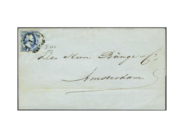 5 cent blauw plaat I pos. 100 op briefomslag lokaal te Amsterdam 1-1-185?. pracht ex. Gezien de kleur van het zegel onwaarsch