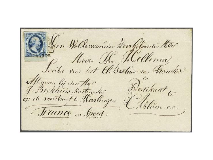 5 cent blauw plaat I met velrand op briefomslag van Makkum (langstempel achterzijde) 17-11-185? via Franeker en Harlingen naa