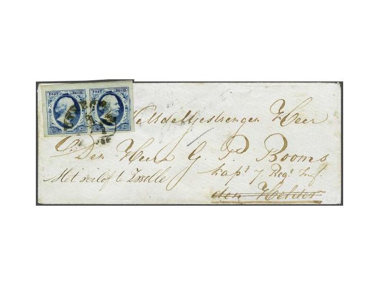 5 cent blauw plaat II pos. 76-77 in paar met hoekvelrand op envelop van Utrecht 5-7-1856 naar militair te Den Helder, geschre
