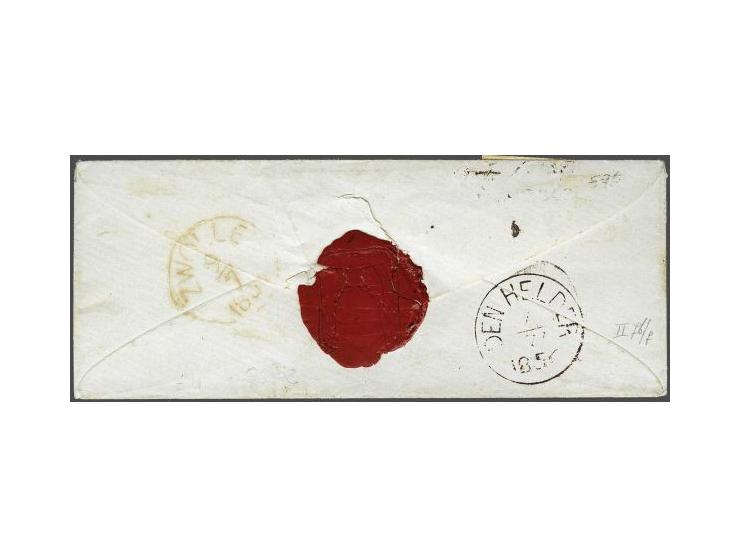 5 cent blauw plaat II pos. 76-77 in paar met hoekvelrand op envelop van Utrecht 5-7-1856 naar militair te Den Helder, geschre