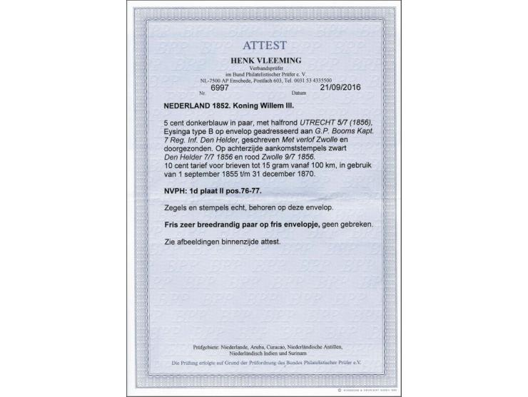 5 cent blauw plaat II pos. 76-77 in paar met hoekvelrand op envelop van Utrecht 5-7-1856 naar militair te Den Helder, geschre