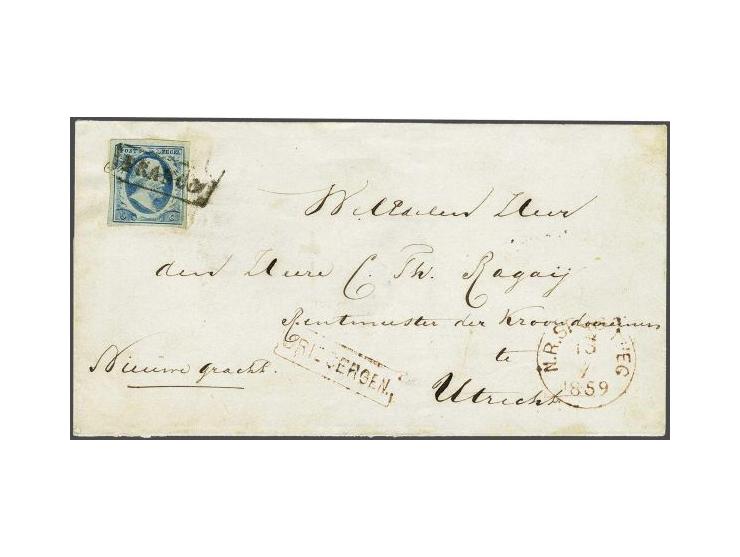 5 cent blauw plaat IV op briefomslag van Doorn (langstempel achterzijde) 18-7-1859 via N.R. Spoorweg over Driebergen naar Utr
