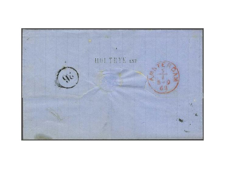 5 cent blauw plaat V op spoorbriefomslag van Houtrijk en Polanen (langstempel Houtryk enz achterzijde) 5-1-1863 over Haarlem 