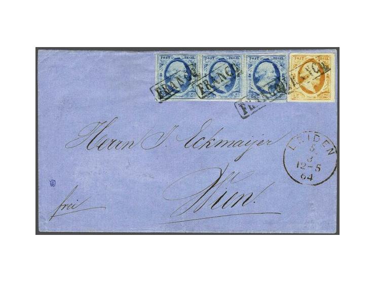 5 cent blauw plaat VI pos. 88-90 op dun papier in strip van 3 en 15 cent oranje op briefomslag van Leiden 5-8-1864 via Emmeri