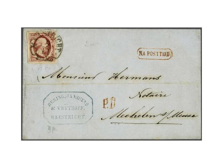 10 cent rood plaat IV op briefomslag van Maastricht 9-11-1858 over Lanklaer naar Mechelen (B), pracht ex. Grenstarief!