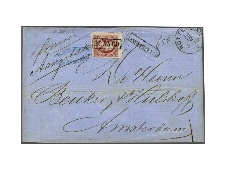 10 cent karmijnroze plaat VIII pos. 51 met hoekvelrand op aangetekende briefomslag van Rotterdam 19-12-1862 naar Amsterdam, p