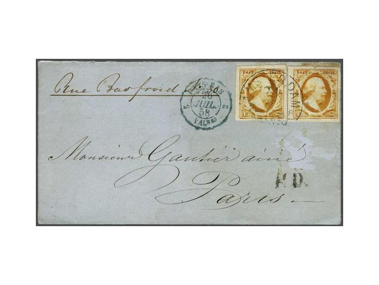 15 cent donkeroranje (2x) op Amsterdam 24-7-1858 via Valenciennes naar Parijs, fraai ex. (rechterzegel ter controle afgeweekt