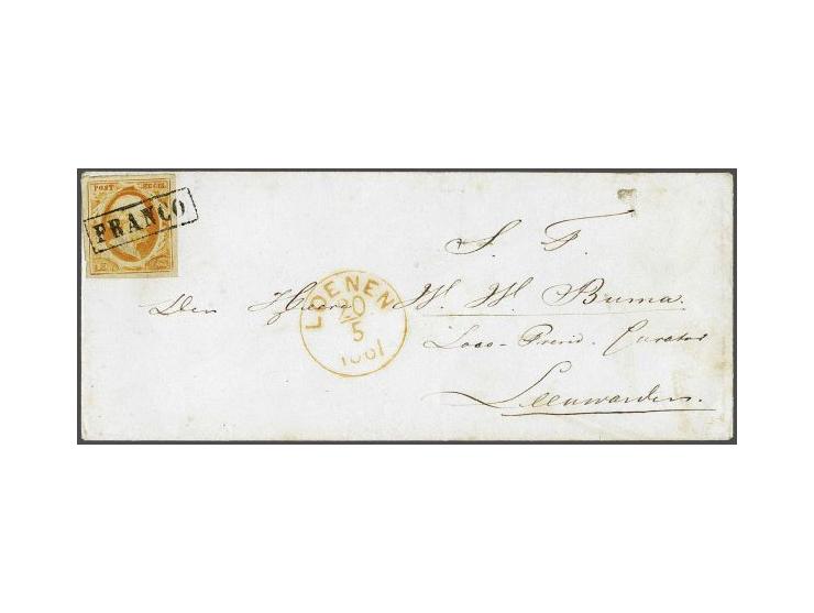 15 cent oranje pos. 7 op envelop van Loosdrecht (langstempel achterzijde) via Loenen 20-5-1861 naar Leeuwarden, pracht ex. me