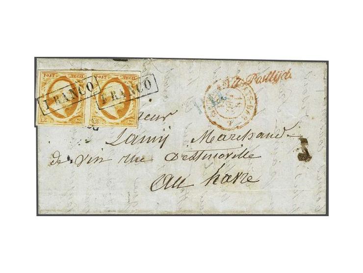 15 cent oranje in paar op kleinformaat vouwbrief van Oosterhout 8-12-1861 via Valenciennes naar Le Havre (F). Onder het paar 