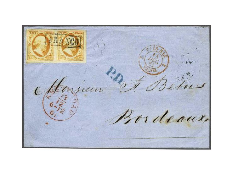 15 cent oranje pos. 9-10 in paar op briefomslag van Oosthuizen (langstempel achterzijde) via Amsterdam 13-12-1861, Valencienn