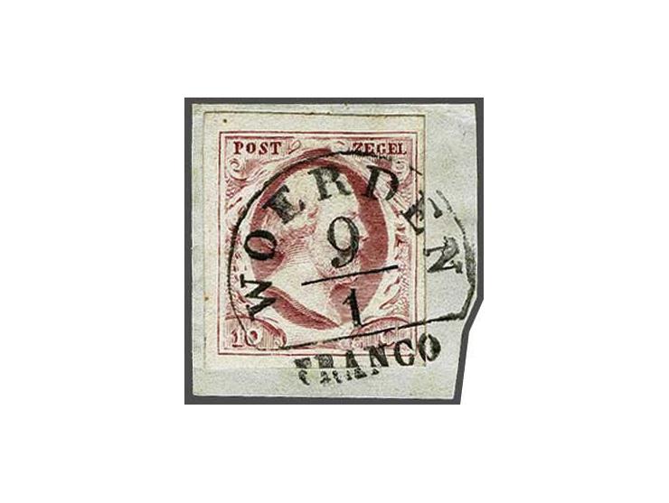 Woerden A (Ey 175) op 10 cent karmijn plaat I op fragment, pracht ex.