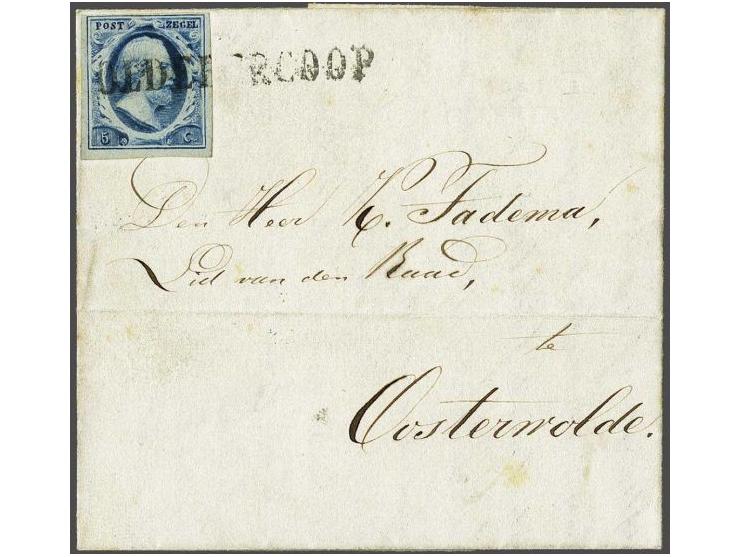 Oldebercoop (Ey 100) op 5 cent donkerblauw plaat I op convocatie 27-11-1852 naar Oosterwolde, pracht ex. (horizontaal archief