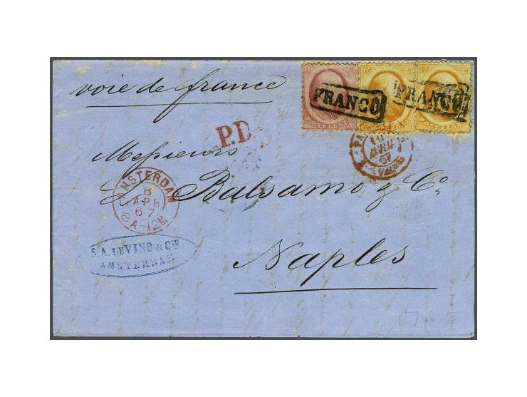 10 cent rood en 15 cent oranje (2x) op vouwbrief van Amsterdam 8-4-1867 over Valenciennes naar Napels met geschreven Voie de 