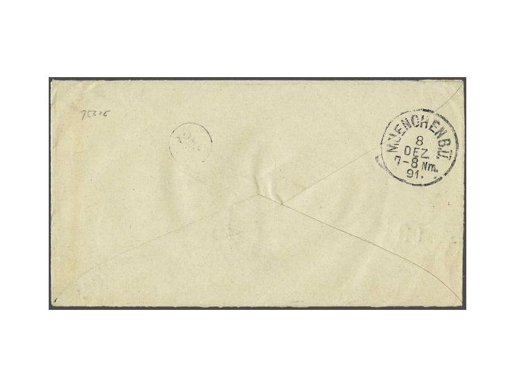15 cent oranjebruin tanding 12½ grote gaten (2x) op envelop Hangend Haar 5 cent van Rotterdam 7-12-1891 naar München, pracht 