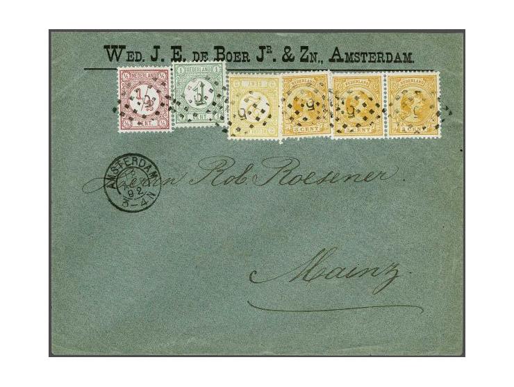 ½ cent roze, 1 cent groen, 2 cent geel en Hangend Haar 3 cent oranje (3x w.b. paartje) op envelop van Amsterdam 12-4-1892 naa