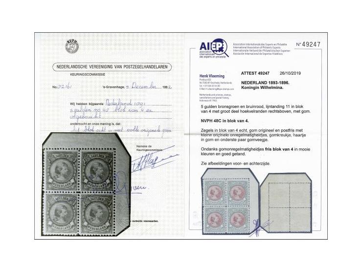 5 gulden bronsgroen en bruinrood in blok van 4 met hoekvelrand met certificaten NVPH 1982 en Vleeming 2019, 2 ex. originele g