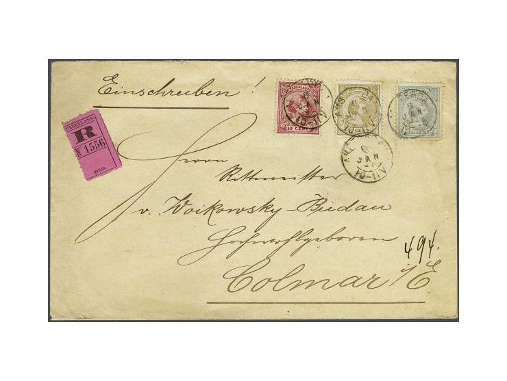 10 cent rood, 12½ cent grijs en 50 cent geelbruin op aangetekende envelop van Amsterdam 6-1-1894 naar Colmar (Elzas-Lotharing