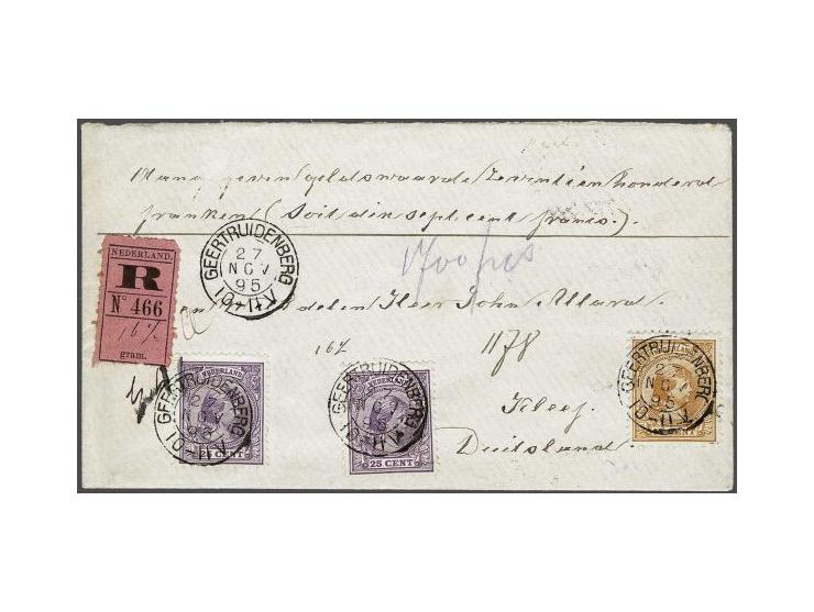 15 cent geelbruin en 25 cent lila (2x) op aangetekende envelop van Geertruidenberg 27-11-1895 naar Kleef (D), zeer fris prach