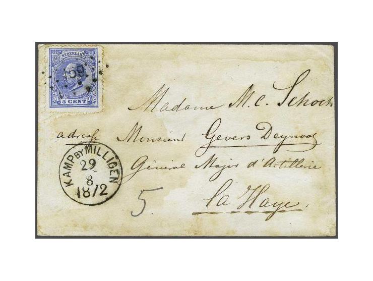 159 - Kamp bij Milligen - op 5 cent blauw op envelop 29-8-1872 naar Den Haag, fraai ex. (zegel links 2 tandjes aangezet)