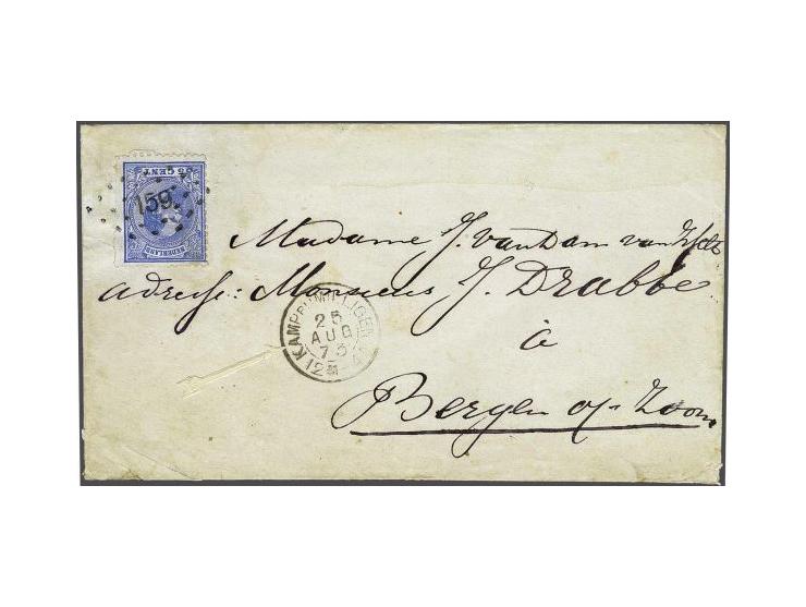 159 - Kamp bij Milligen - op 5 cent blauw op envelop 25-8-1873 naar Bergen op Zoom, fraai ex. (tanding rechts)