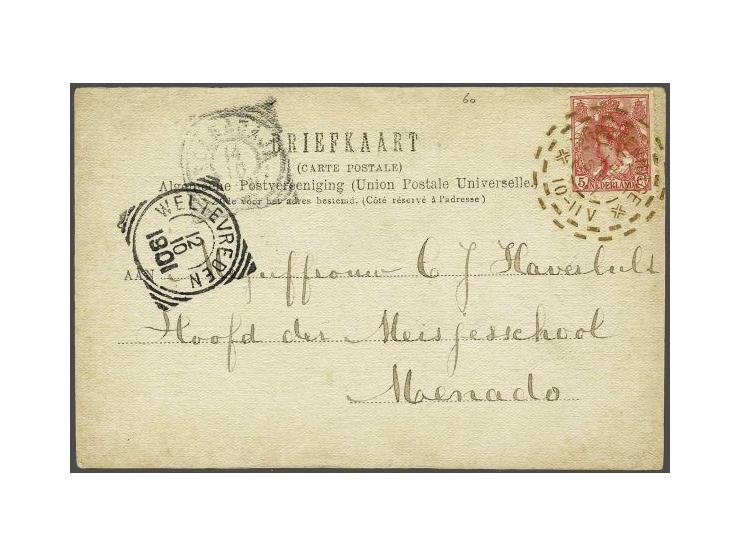 5 cent rood met superbe afdruk brandstempel 's Gravenhage 14-9-1901 op prentbriefkaart naar Menado (Nederlands-Indië), pracht