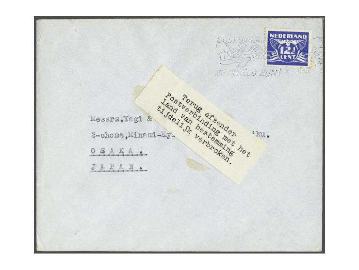 12½ cent lichtultramarijn op envelop van Tilburg 5-1-1942 over Amsterdam naar Osaka (Japan) met strook Terug afzender. Postve