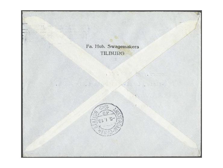 12½ cent lichtultramarijn op envelop van Tilburg 5-1-1942 over Amsterdam naar Osaka (Japan) met strook Terug afzender. Postve