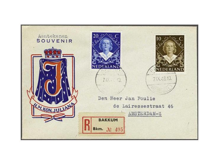 Inhuldigingszegels met 1e-dagstempel 7-9-1948 op proef envelop Breel (afwijkende tekst Souvenir en H.M. Kon. Juliana) verzond