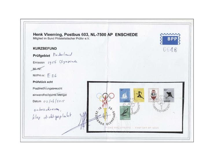 fdc E26 Olympiade, onbeschreven pracht ex. met dichte klep en certificaat Vleeming 2015, cat.w. 225