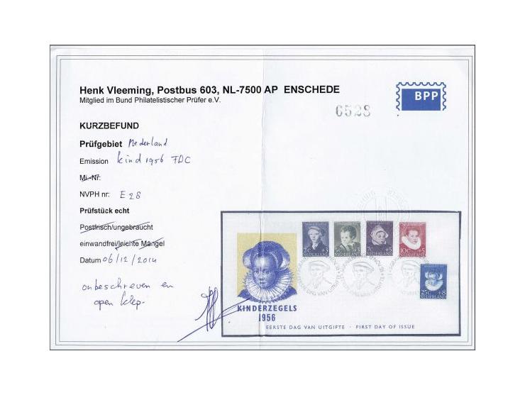 fdc E28 kinderzegels, onbeschreven pracht ex. met open klep en certificaat Vleeming 2014, cat.w. 200