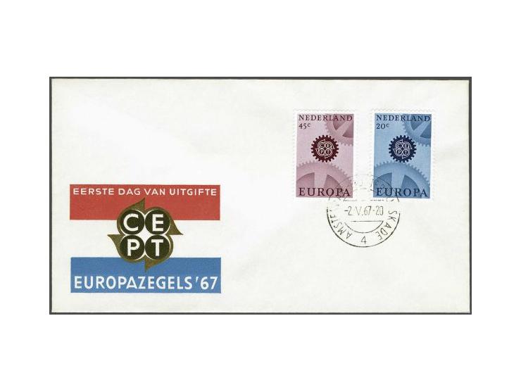 fdc E84a Europa zegels 20 en 45 cent op onbeschreven proefdruk envelop met rood/witte/blauwe achtergrond i.p.v. blauwgrijs (m