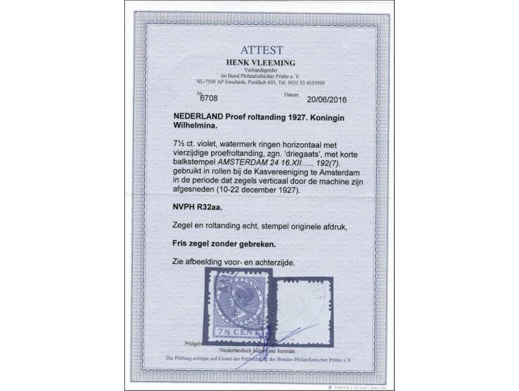 Driegaats 7½ cent violet afgesneden van de rol, pracht ex. met certificaat Vleeming 2016, cat.w. 4500