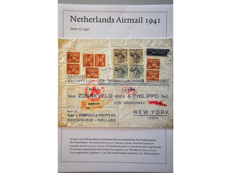 4 poststukken 1932-1941 per luchtpost met hoge frankeringen (alle met o.a. 7½ gulden Mercurius w.b. paar) en 2 brieven 1943-1