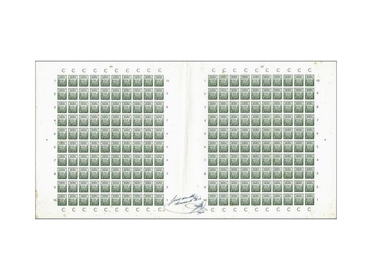 25 sen olijfgroen ongetande proef in compleet drukvel van 400 stuks met horizontale (85 mm.) en verticale (58 mm.) tussenstro