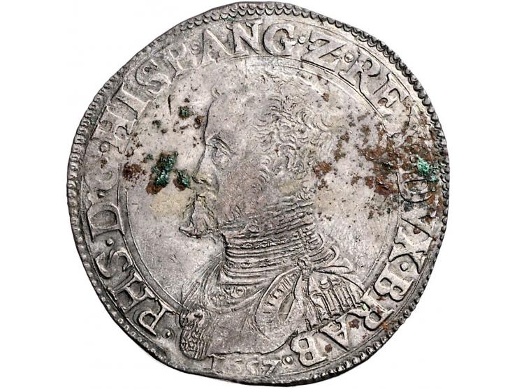 Provinciaal Philipsdaalder 1557 1e periode met titel van Engeland, Maastricht AG 31,18gr R W. 714 wat corrosie(sporen) ov. ZF