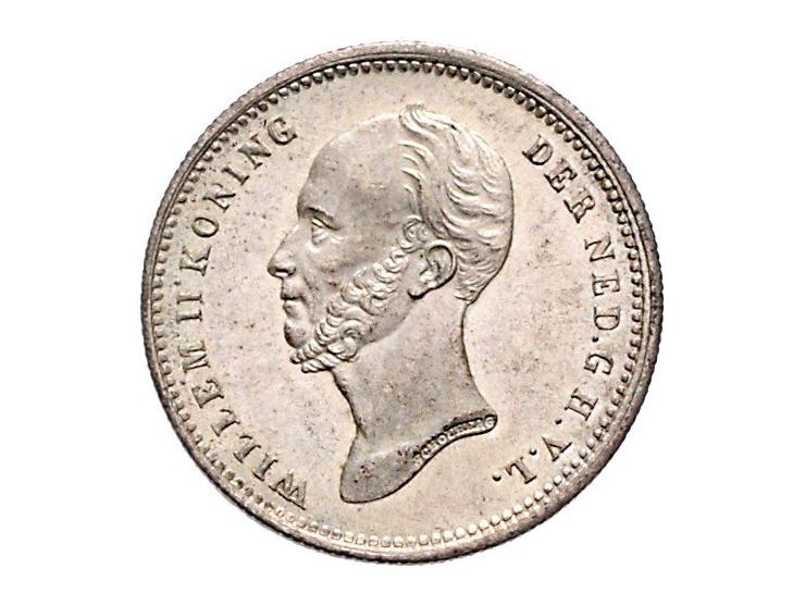 Koninkrijk Willem II, 2 ½ gulden 1849 (ZF), gulden 1847 (F), ½ gulden 1848 (PR) en 25 cent 1848 (PR-)